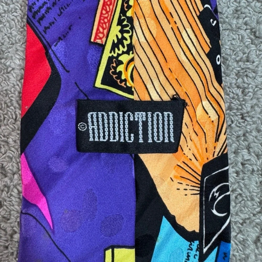 Addiction Vintage Silk Tie Mens Multi Color 90s Retro Cell Phone Calculator 57in